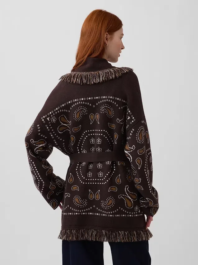 Strickjacke aus Baumwollmischung mit Fransen und Schalkragen