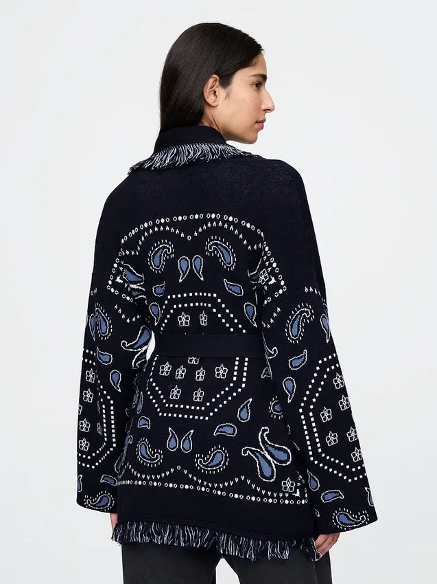 Strickjacke aus Baumwollmischung mit Fransen und Schalkragen