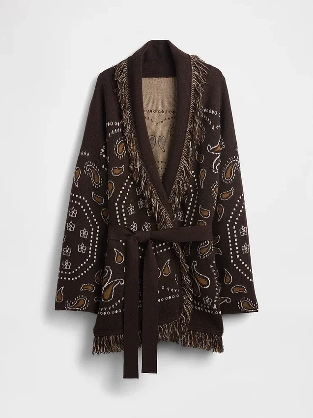 Strickjacke aus Baumwollmischung mit Fransen und Schalkragen