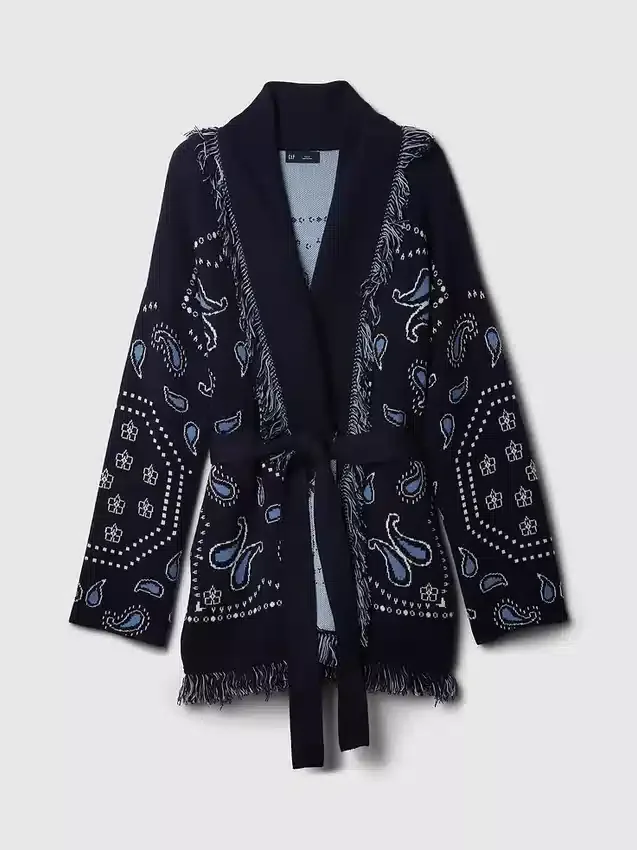 Strickjacke aus Baumwollmischung mit Fransen und Schalkragen