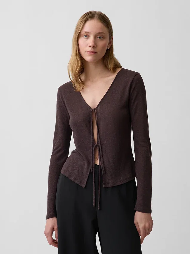 Strickjacke aus Leinenmischung mit Bindeband vorne