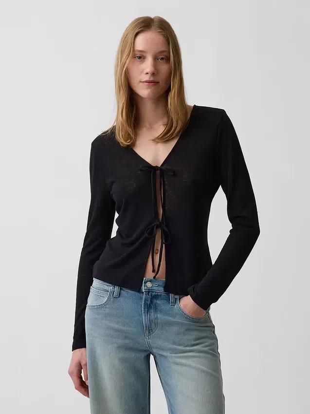 Strickjacke aus Leinenmischung mit Bindeband vorne