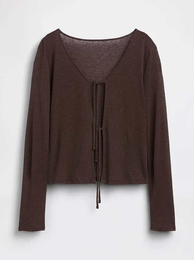 Strickjacke aus Leinenmischung mit Bindeband vorne
