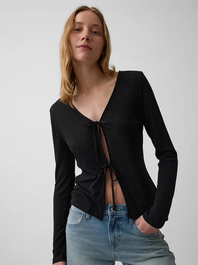 Strickjacke aus Leinenmischung mit Bindeband vorne