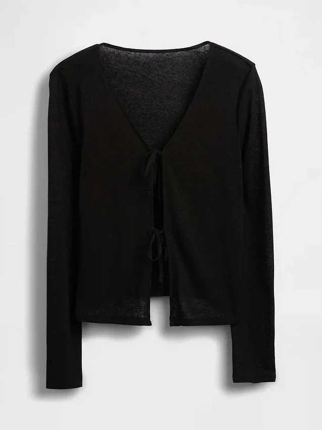 Strickjacke aus Leinenmischung mit Bindeband vorne