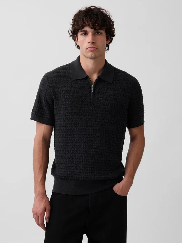 Strukturiertes Polo-Pullover mit Reißverschluss