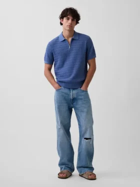 Strukturiertes Polo-Pullover mit Reißverschluss