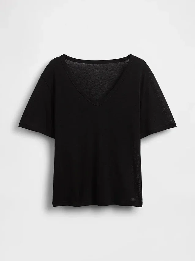 T-Shirt aus Leinenmischung mit lockerem Sitz und V-Ausschnitt