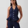 Tailliertes Denim-Halter-Peplum-Oberteil