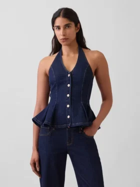 Tailliertes Denim-Halter-Peplum-Oberteil