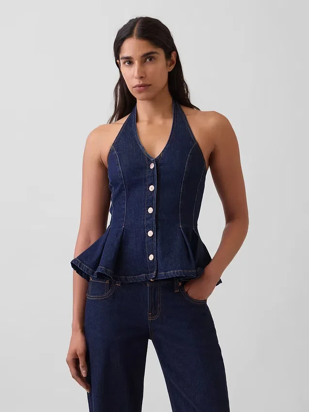 Tailliertes Denim-Halter-Peplum-Oberteil