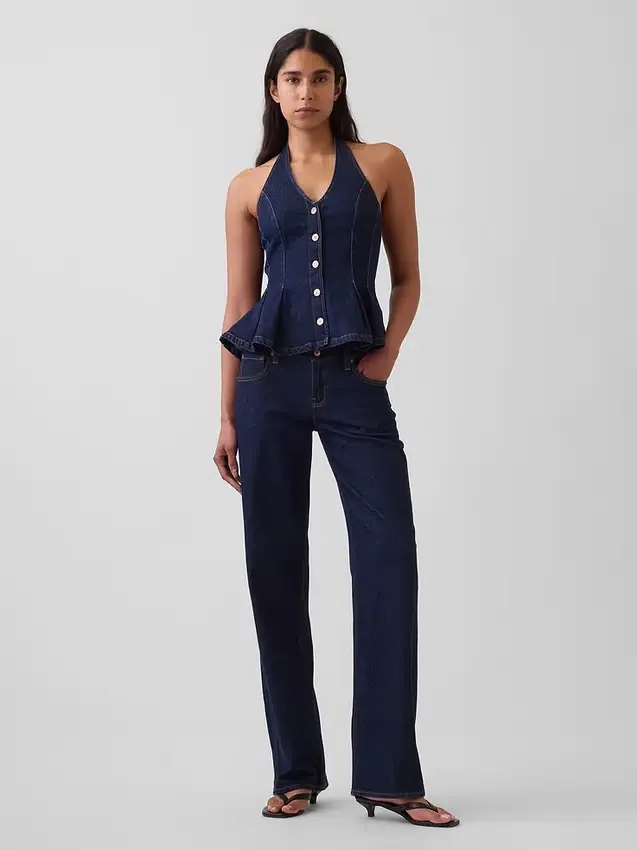 Tailliertes Denim-Halter-Peplum-Oberteil