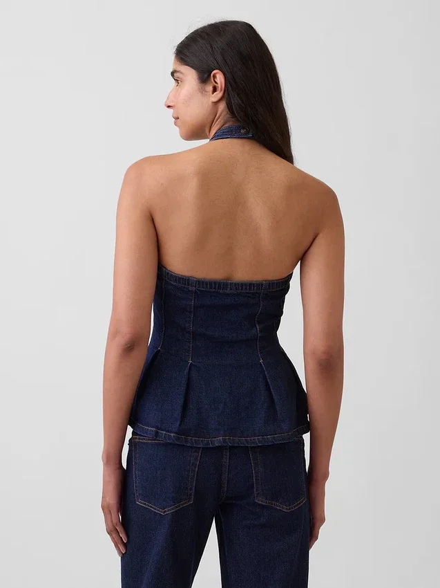 Tailliertes Denim-Halter-Peplum-Oberteil