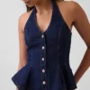 Tailliertes Denim-Halter-Peplum-Oberteil