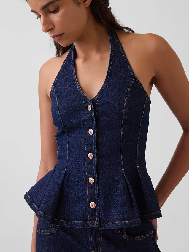 Tailliertes Denim-Halter-Peplum-Oberteil