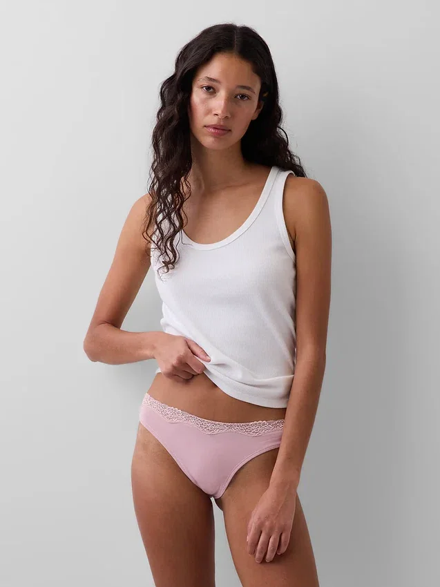 Tanga aus Bio-Stretch-Baumwolle mit Spitzenbesatz