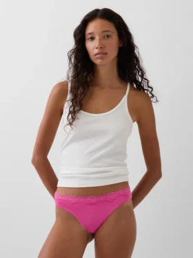 Tanga aus Bio-Stretch-Baumwolle mit Spitzenbesatz