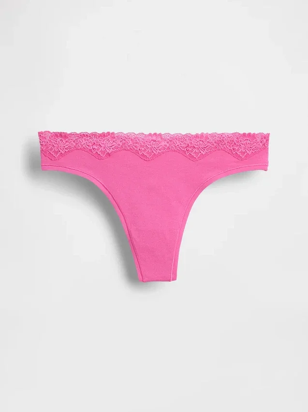 Tanga aus Bio-Stretch-Baumwolle mit Spitzenbesatz