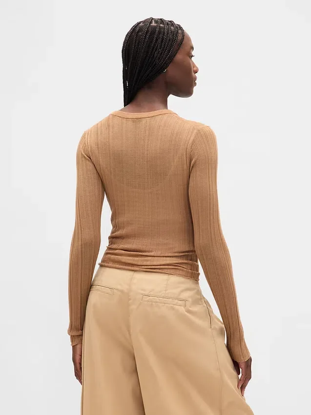 Transparenter Henley-Pullover mit Rippmuster