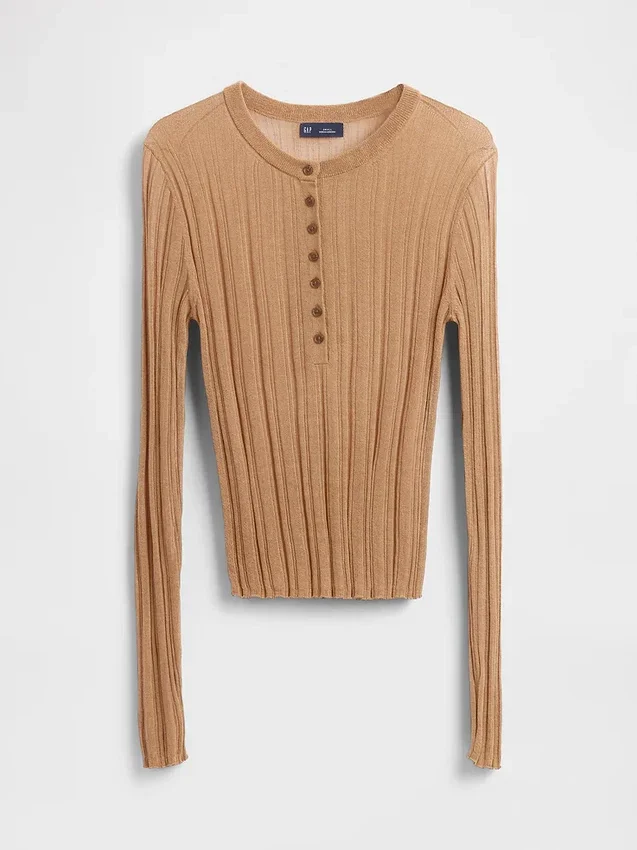 Transparenter Henley-Pullover mit Rippmuster