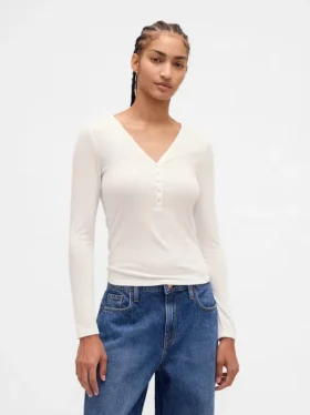 Transparentes Henley-T-Shirt mit Rippbündchen