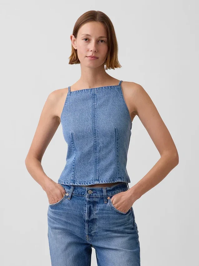 Ultraweiches Denim-Oberteil mit Naht und quadratischem Ausschnitt