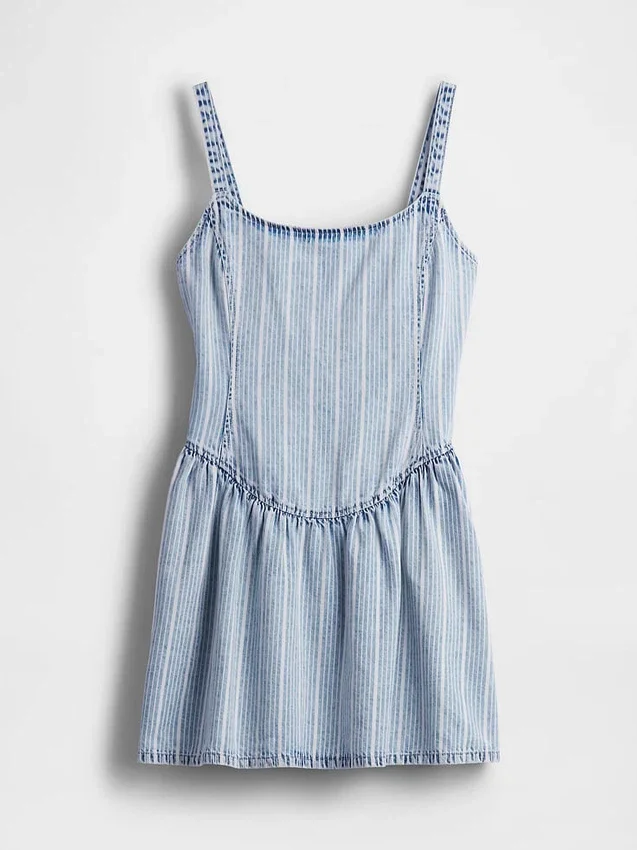 Ultraweiches Mini-Kleid aus gestreiftem Denim mit tief sitzender Taille