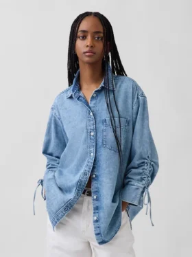 Ultrweiches Denim-Hemd in Oversize-Passform mit gerafften Ärmeln