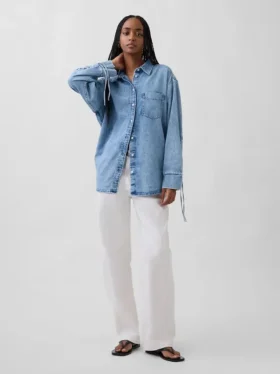 Ultrweiches Denim-Hemd in Oversize-Passform mit gerafften Ärmeln
