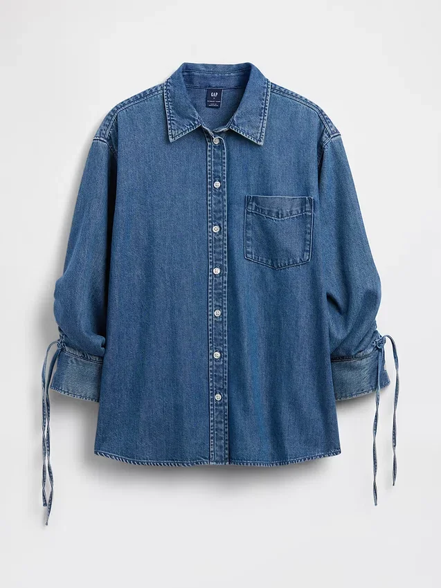 Ultrweiches Denim-Hemd in Oversize-Passform mit gerafften Ärmeln