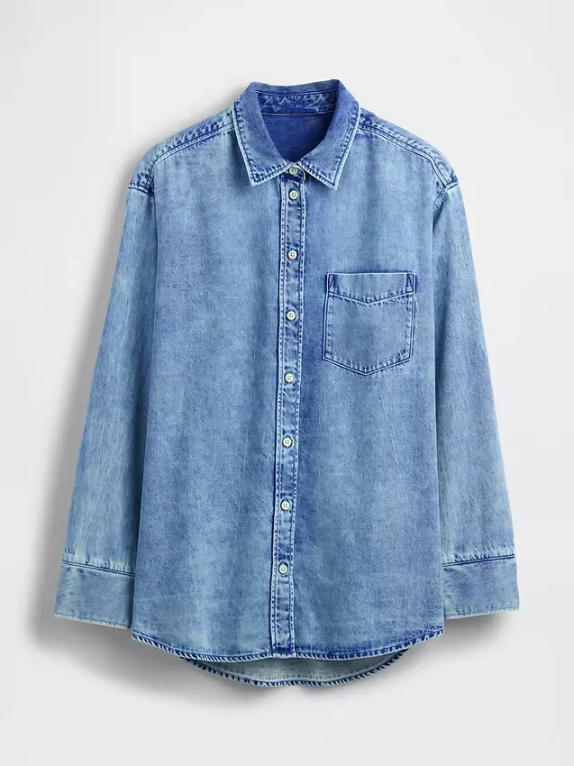 Ultrweiches Denim-Hemd in Oversize-Passform mit gerafften Ärmeln