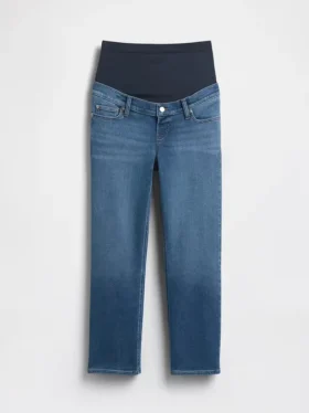 Umstandsjeans mit durchgehendem Einsatz im 90er-Jahre-Stil, schmal geschnitten, gerade Beinschnitt, verkürzt