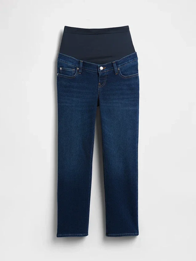 Umstandsjeans mit durchgehendem Einsatz im 90er-Jahre-Stil, schmal geschnitten, gerade Beinschnitt, verkürzt