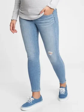 Umstandsmode-Jeans mit echtem Bund, durchgehendem Einsatz und abgenutzten Details, Skinny-Schnitt, Knöchellang