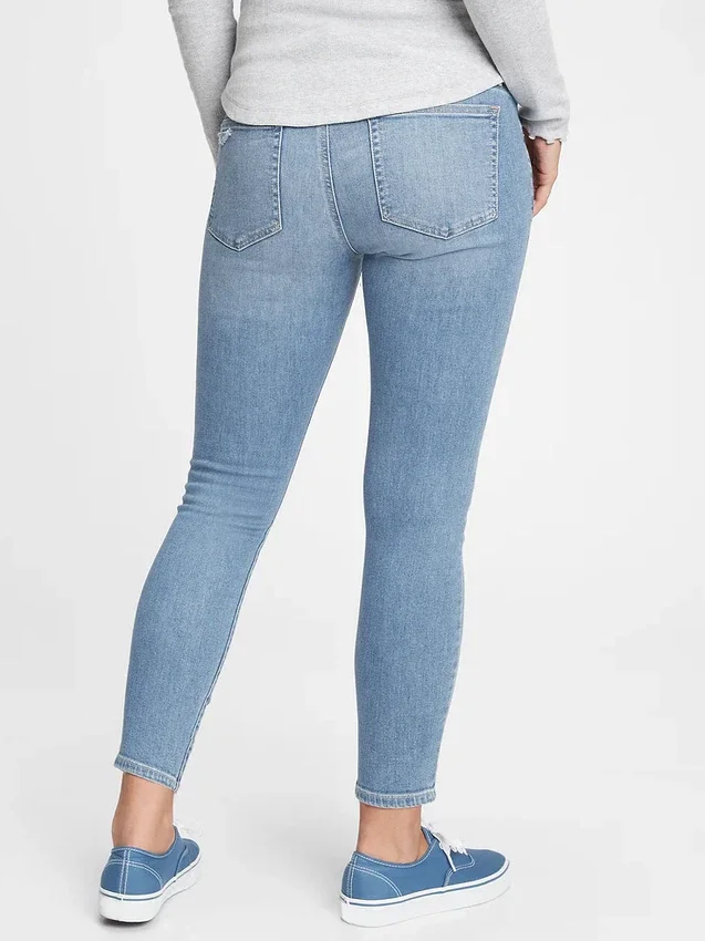 Umstandsmode-Jeans mit echtem Bund, durchgehendem Einsatz und abgenutzten Details, Skinny-Schnitt, Knöchellang