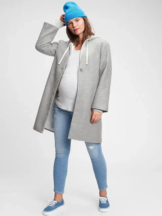 Umstandsmode-Jeans mit echtem Bund, durchgehendem Einsatz und abgenutzten Details, Skinny-Schnitt, Knöchellang