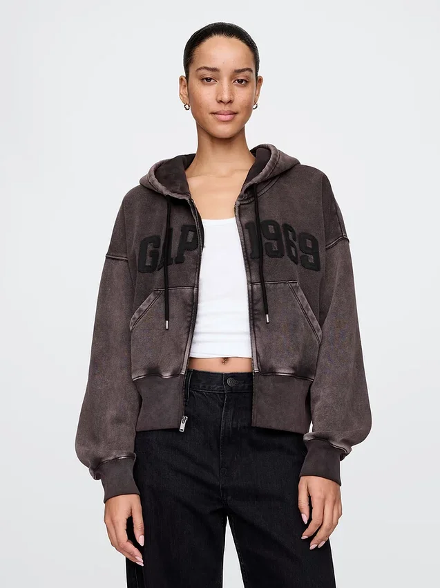Vintagesoft-Hoodie mit Keilkragen und Reißverschluss