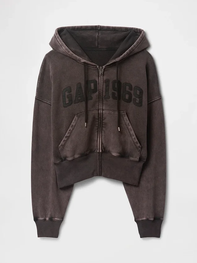 Vintagesoft-Hoodie mit Keilkragen und Reißverschluss