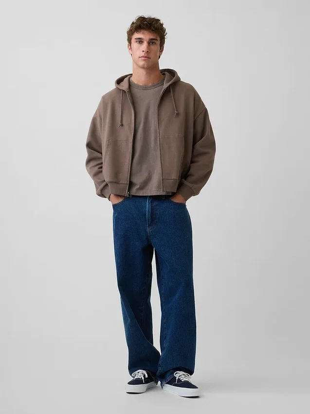 Vintagesoft Oversized-Crop-Hoodie mit Reißverschluss