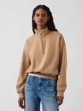 Vintagesoft Oversized-Pullover mit halbem Reißverschluss und Keilausschnitt