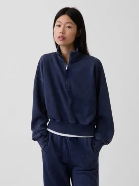 Vintagesoft Oversized-Pullover mit halbem Reißverschluss und Keilausschnitt