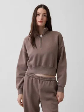 Vintagesoft Oversized-Pullover mit halbem Reißverschluss und Keilausschnitt