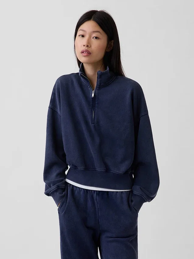 Vintagesoft Oversized-Pullover mit halbem Reißverschluss und Keilausschnitt