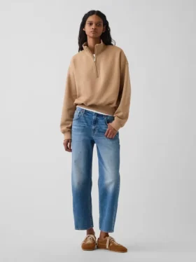 Vintagesoft Oversized-Pullover mit halbem Reißverschluss und Keilausschnitt
