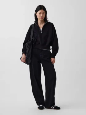 Vintagesoft Oversized-Pullover mit halbem Reißverschluss und Keilausschnitt