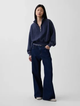 Vintagesoft Oversized-Pullover mit halbem Reißverschluss und Keilausschnitt