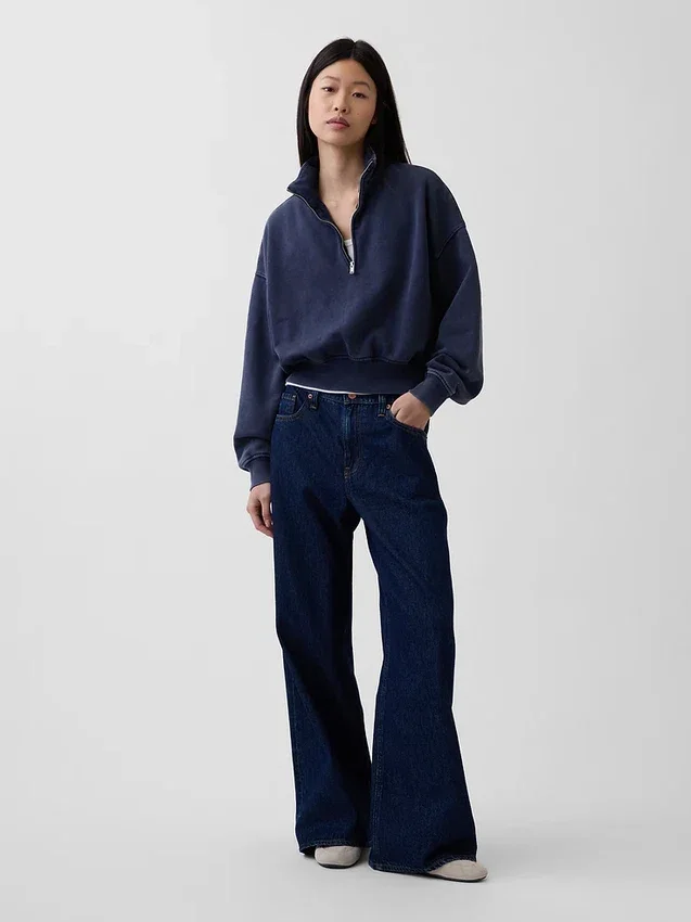 Vintagesoft Oversized-Pullover mit halbem Reißverschluss und Keilausschnitt