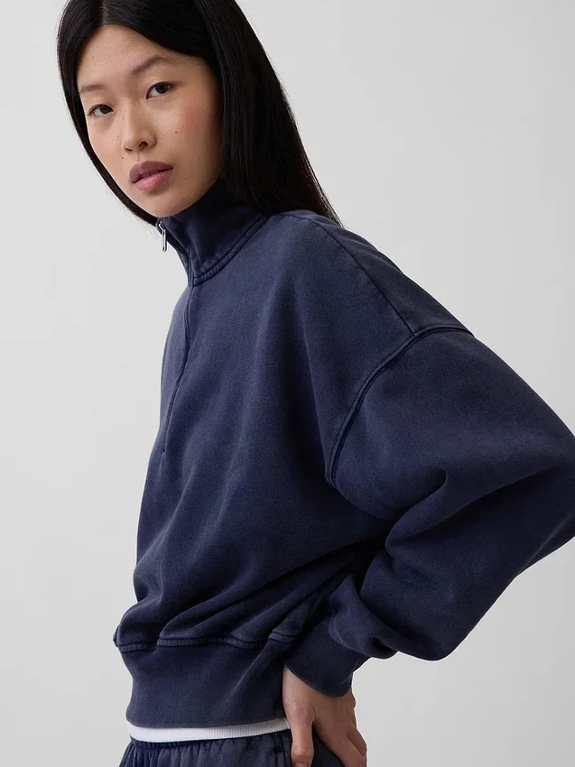 Vintagesoft Oversized-Pullover mit halbem Reißverschluss und Keilausschnitt