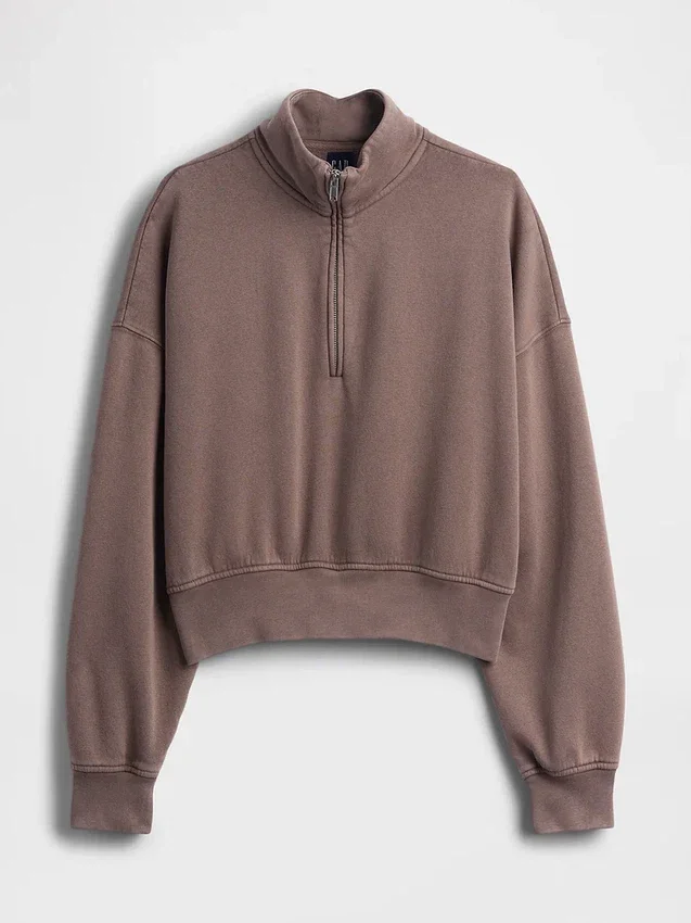 Vintagesoft Oversized-Pullover mit halbem Reißverschluss und Keilausschnitt
