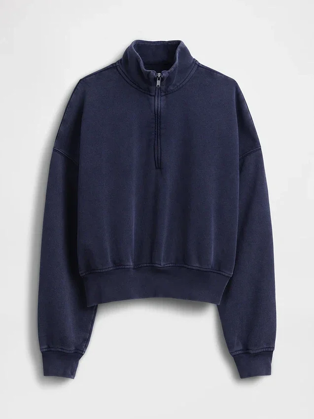 Vintagesoft Oversized-Pullover mit halbem Reißverschluss und Keilausschnitt
